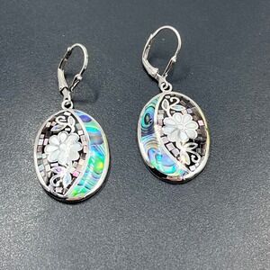 BBJ Gray White Mother-of-Pearl Abalone Shell Sterling Mosaic Dangle
Earrings